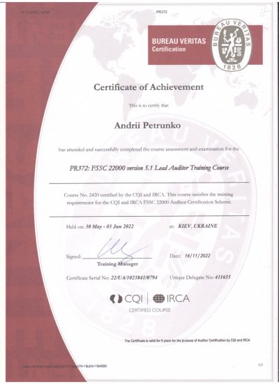 Сертифікат по FSSC 22000 від Bureau Veritas